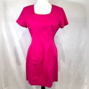 Vintage Carol Horn linen cotton blend bright pink square neck sheath dress 8P